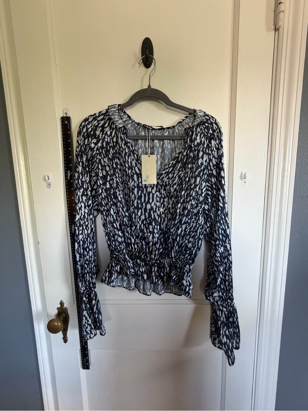 Ramy Brook Navy and White Printed V-Neck Smocked Blouse
